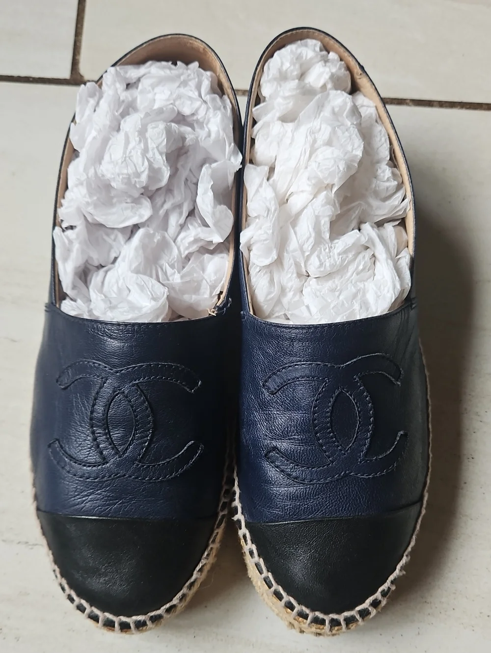 CHANEL Navy Black Lambskin Leather CC Espadrilles [Size 37]